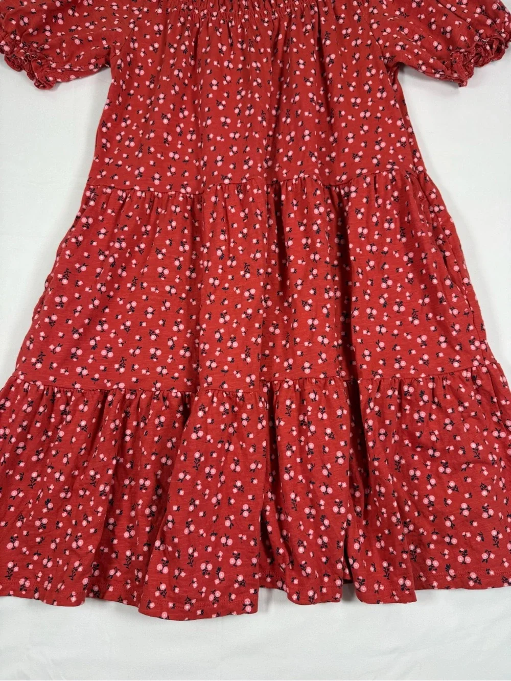OLD NAVY Girls Smocked Tiered Dress Floral Puff Sleeve Coral Pink XL 14-16